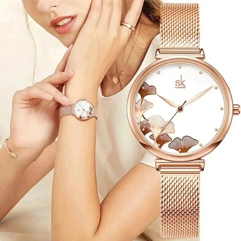 Stainless Mesh Band - Luksusowy zegarek damski z motywem miłorzębu